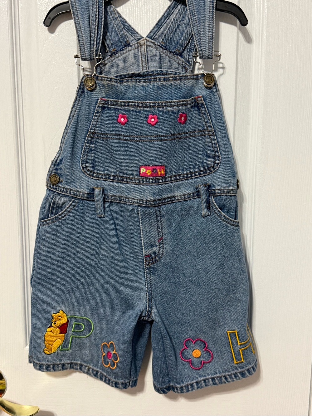 Vintage Winnie the Pooh Denim Short Overalls Embroidered Disney